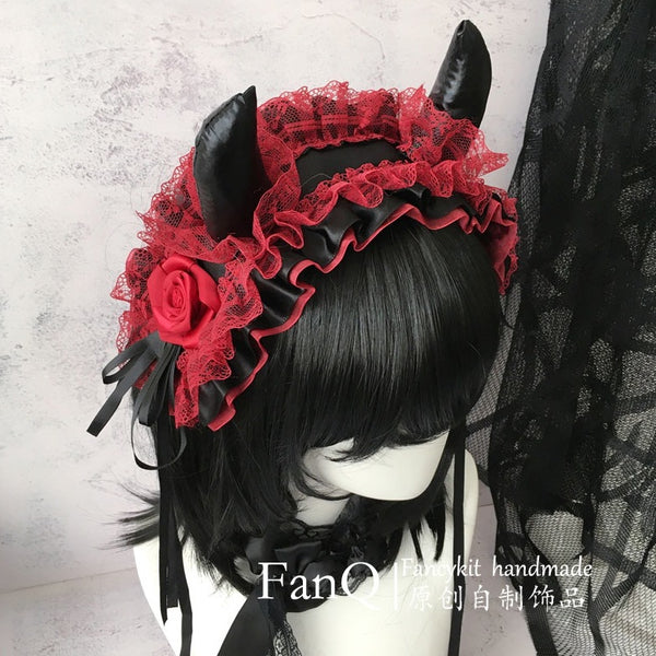 Subculture Custom Dark Lolita Demon Horn Gothic Headband Y2K Red and Black Lace Hairband - Lolita Fetch