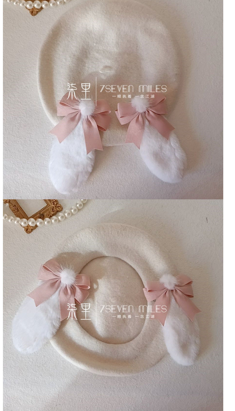 Long-Eared Rabbit  Beret Handmade Bow Lolita Girl Sweet Cute Woolen Hat for Women