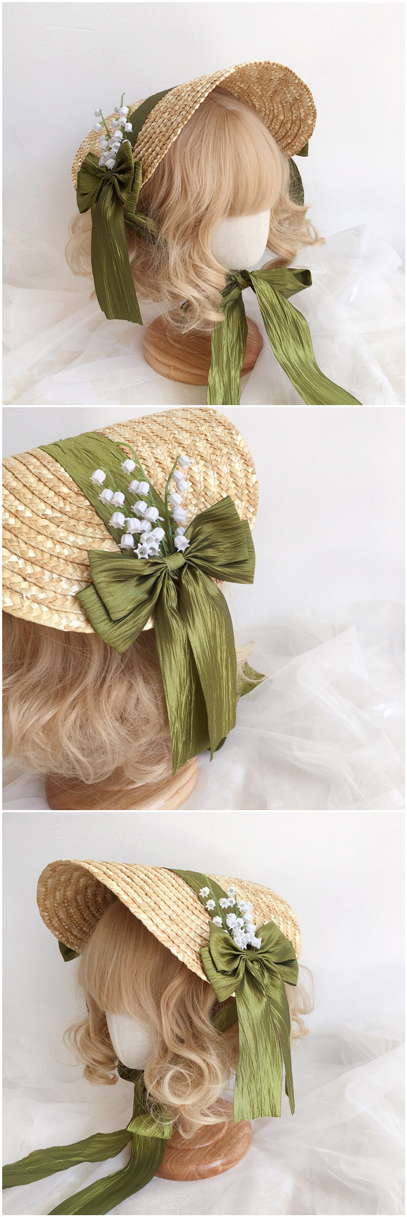 Original French Pastoral Lolita Handmade Lily of the Valley Forest Style Bowknot Bnt Flat Hat Straw Hat Photo Shoot Catwalk Cla