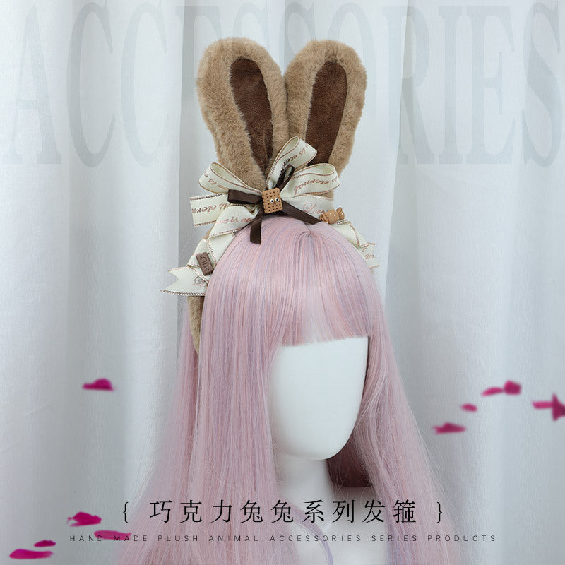 Handmade Japanese JK Style Lolita Hair Accessories Chocolate Bunny Plush Bunny Ears Headband Bangs