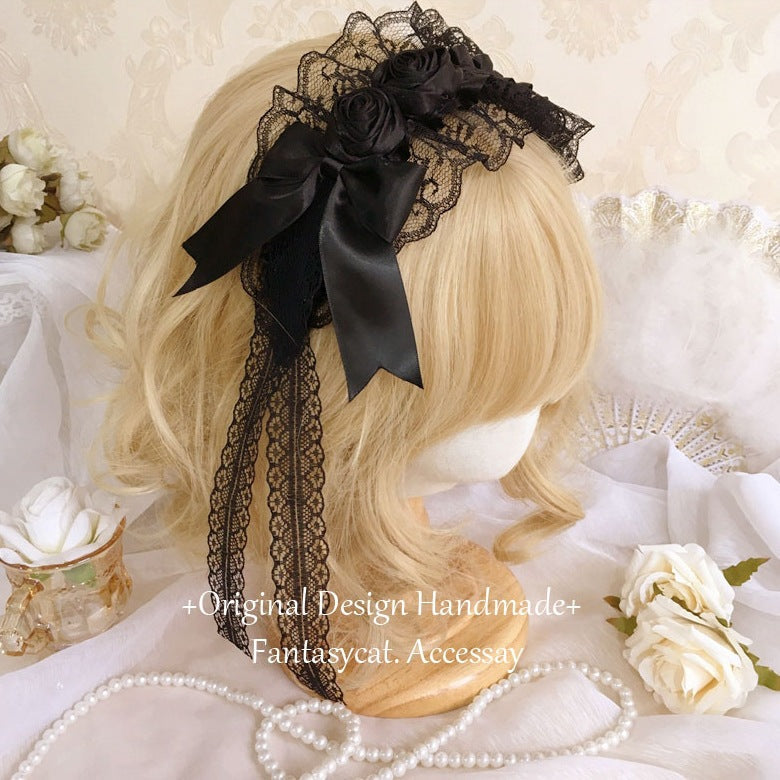 Lolita Vintage Girl Handmade Elegant Retro Black Flower Hair Clip Headband - Dark Hair Accessory