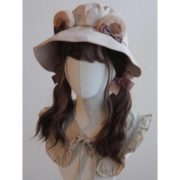 Original Handmade Lolita Bear Fisherman Hat Sun Hat Japanese Korean Cute Animal Ear Khaki Hat