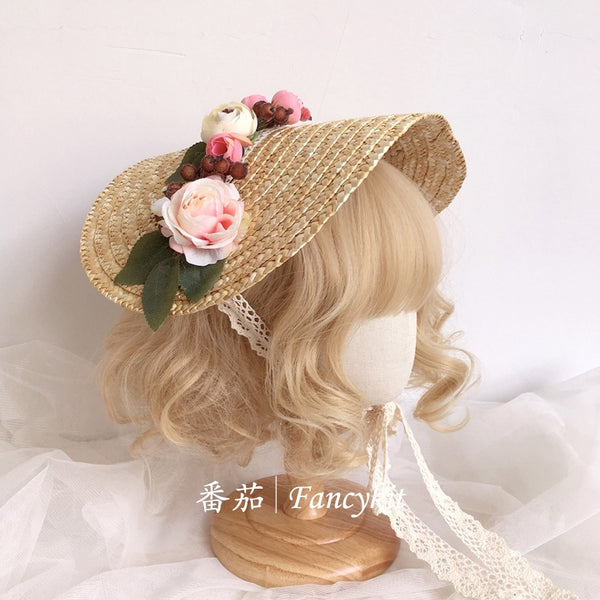 Handmade Straw Hat Flat Hat Lolita Handmade Tea Party Pastoral Bonnet