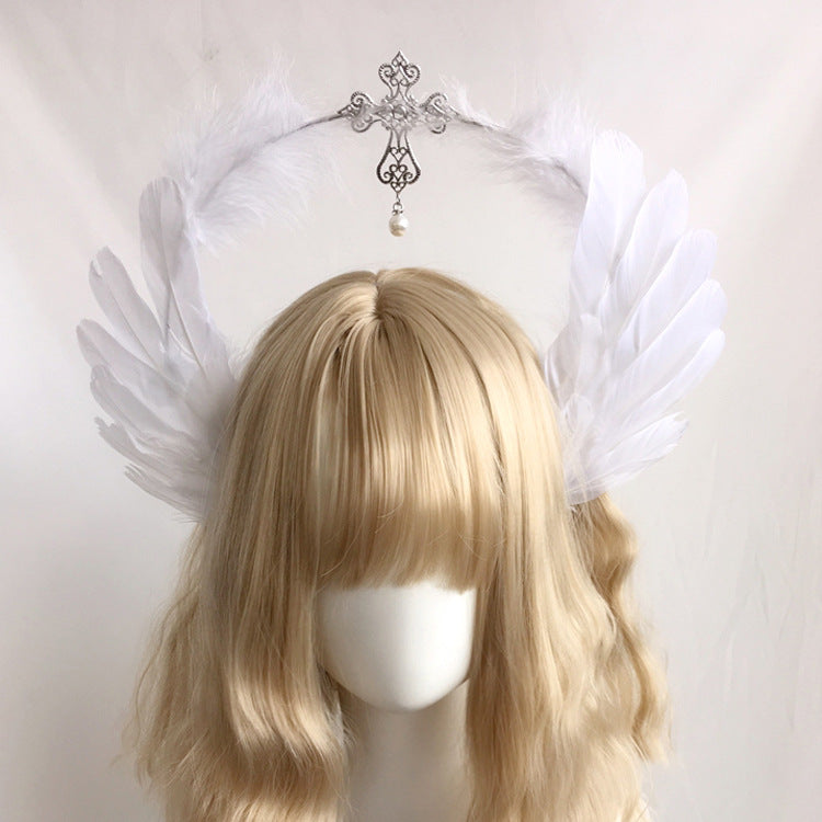 Lolita Virgin Mary Halo Headband Wheat Cross Feather Church Pope Gold Hair Accessory Catwalk Photo Prop