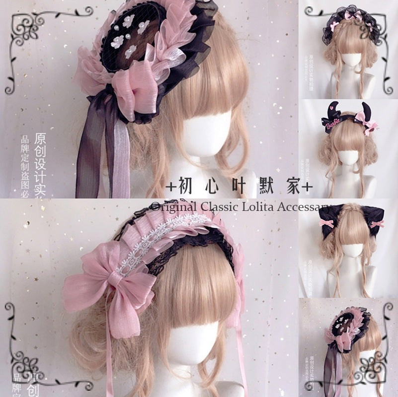 Lolita Headwear Black Pink Lolita Hair Accessories Black Sweet French Flat Hat Sweetheart House Kitty Handmade Small Items