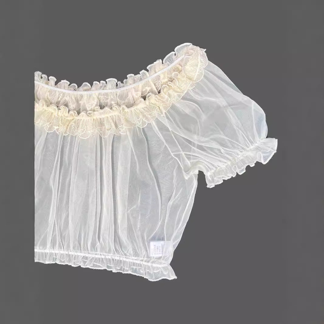 Zhijinyuan- Tulle Inner Top |   Lightweight Skin-Friendly Off-Shoulder Versatile Apricot Blouse