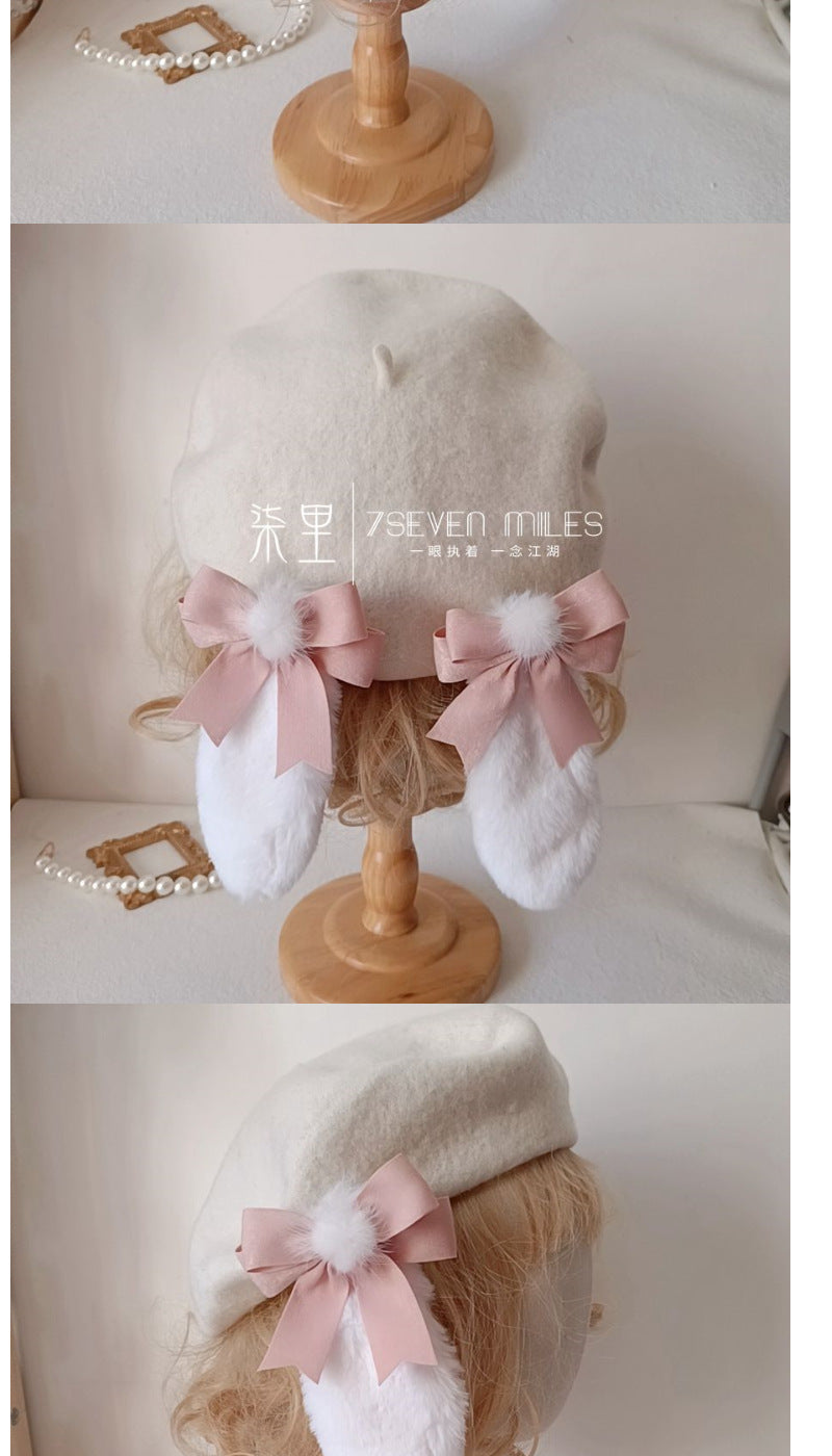 Long-Eared Rabbit  Beret Handmade Bow Lolita Girl Sweet Cute Woolen Hat for Women