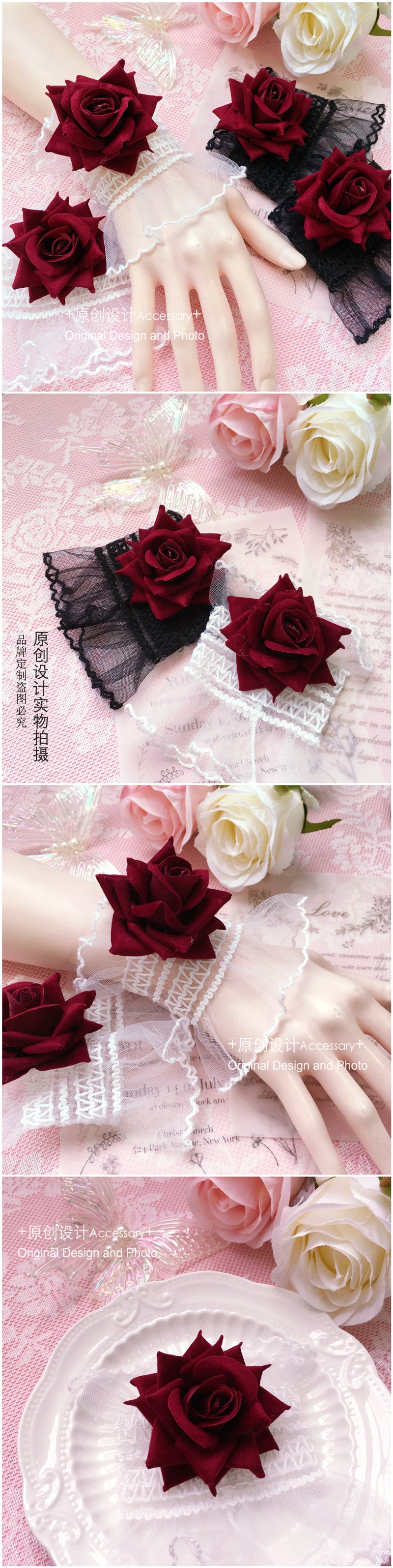 Dark Lolita Lace Wrist Cuffs for Women, Burgundy Rose Dress Cuffs with Wrist Flowers