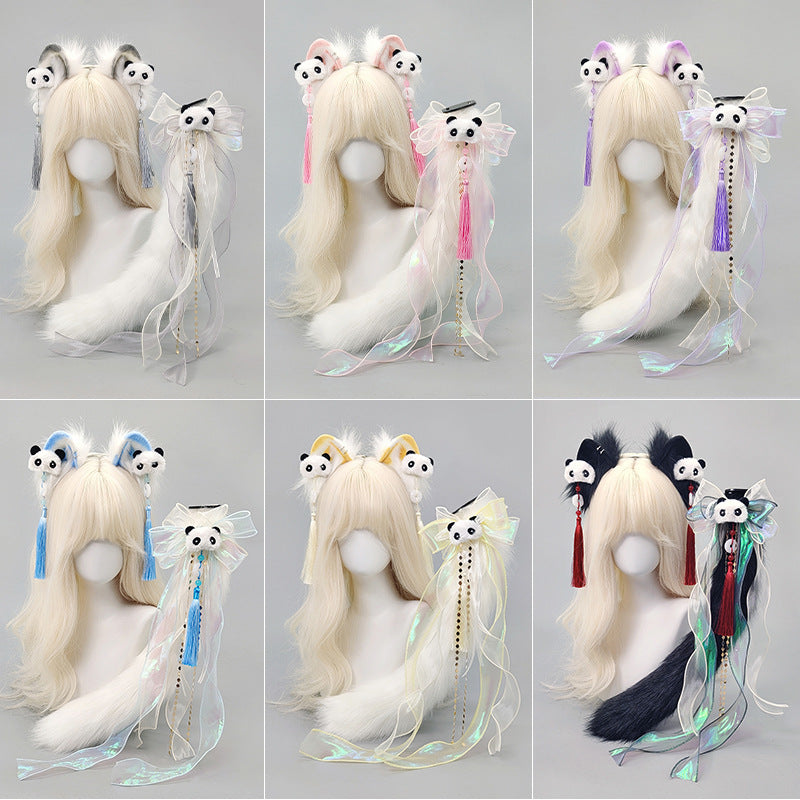 Lolita Chinese Style Cat Ear Headband Subculture Animal Ear and Tail Cosplay Accessories Plush Cat Ear and Tail Set