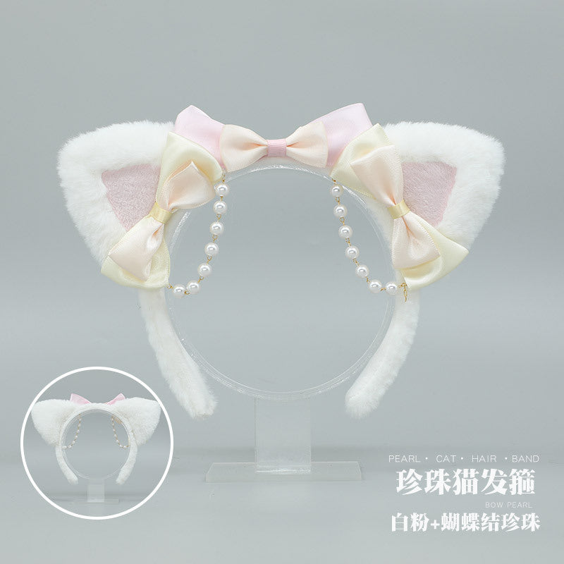 Handmade Lolita Pearl Cat Ear Headband - Bowknot Pearl Hair Accessory