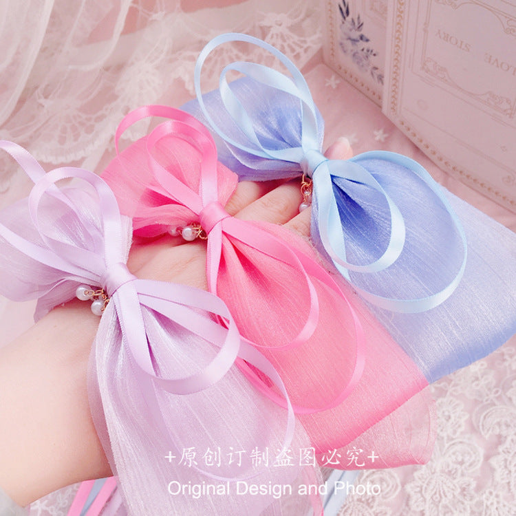 Original Handmade Lolita Double Layer Bow Ribbon Headband Lolita Pearl Cross Pendant Headband Hair Accessory