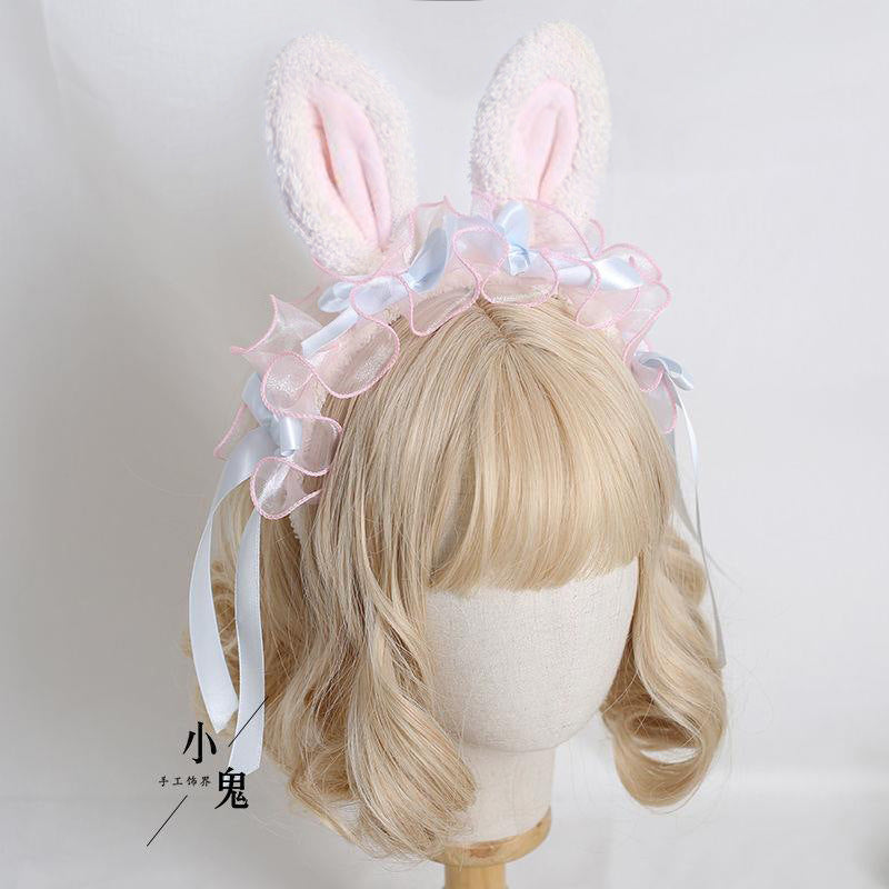 Lolita Handmade Ribbon Bunny KC Sweet Cute Bowknot Bunny Ear Headband Lolita Ruffled Hair Accessory Headwear