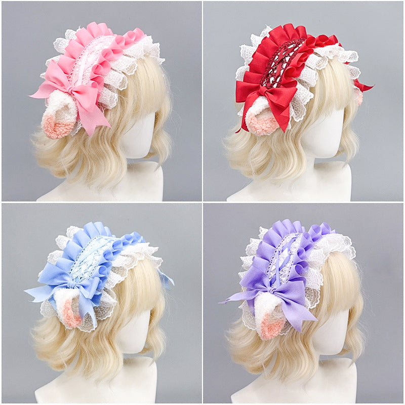 Japanese Harajuku Style Lolita Little Sheep Ear Headband Sweet Girl Soft Cute Imitation Lamb Wool Bow Hair Accessory