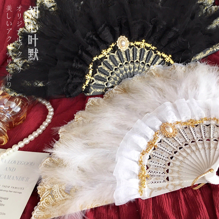 Lolita Retro Black White Lace Lolita Embossed Wedding Folding Fan Tea Party Feather Fan