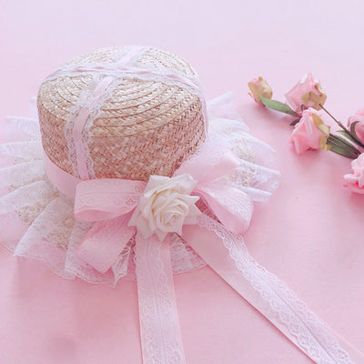 Lolita Multicolor Handmade Sweet Lace Long Ribbon Straw Hat Flat Top Sunshade Handmade Soft Girl