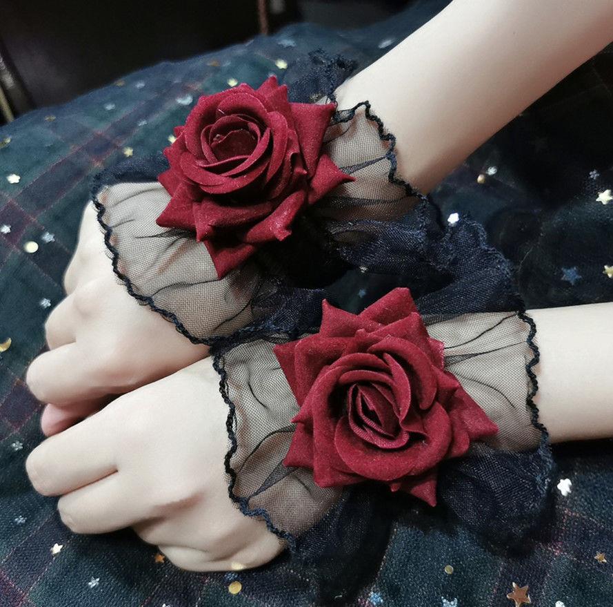 Dark Lolita Lace Wrist Cuffs for Women, Burgundy Rose Dress Cuffs with Wrist Flowers