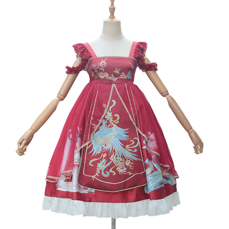 Morning Dew Hanfu - Inspired Lolita JSK | Gold - Woven Phoenix & Detachable Bead Chain