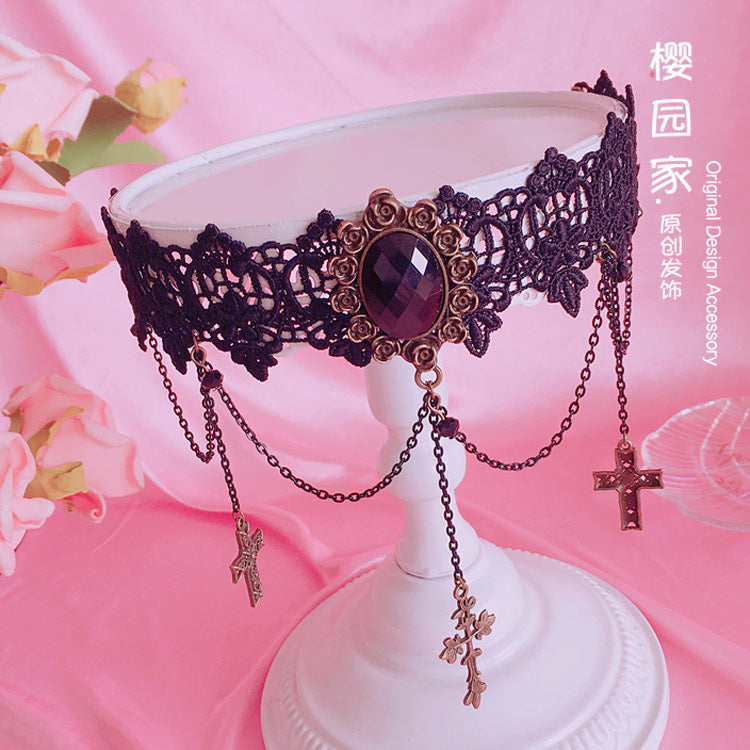 Gothic Retro Cross Choker Soft Girl Lolita Lace Short Necklace Collarbone Chain Accessory