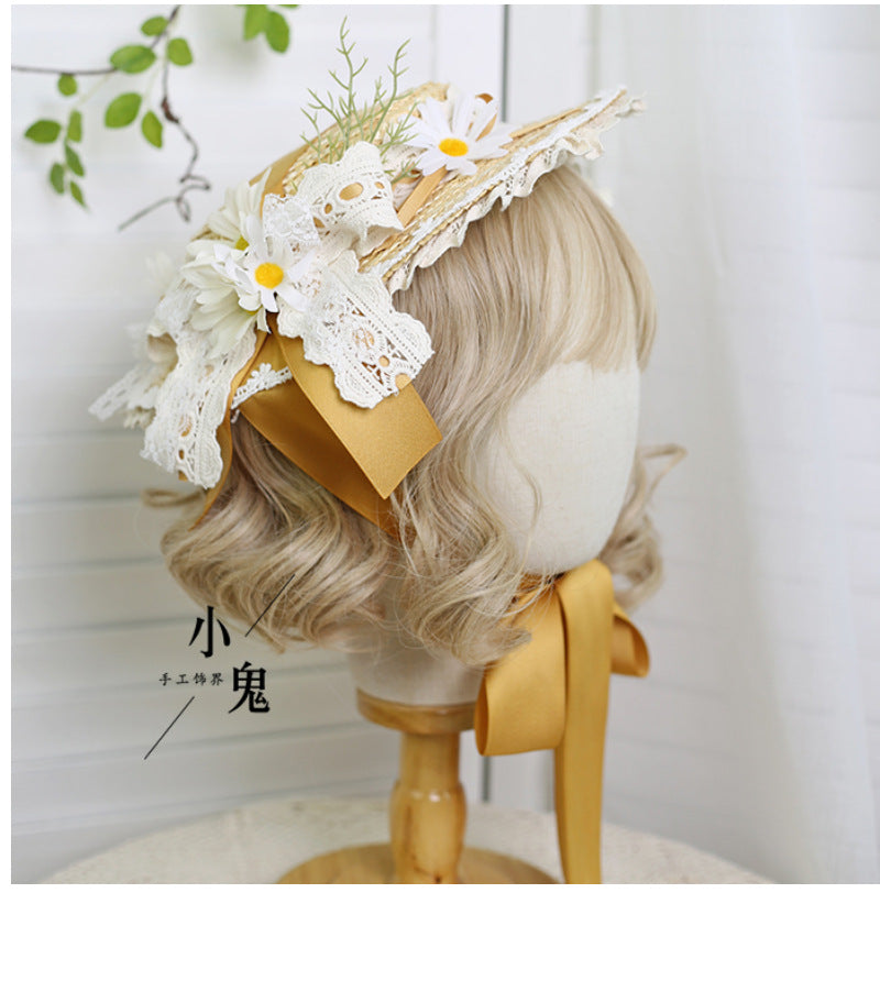 Original Lolita Straw Hat Flower Elegant Flat Hat Top Hat Bridal Tea Party Gorgeous Hat Han Western Eclectic Reminiscence
