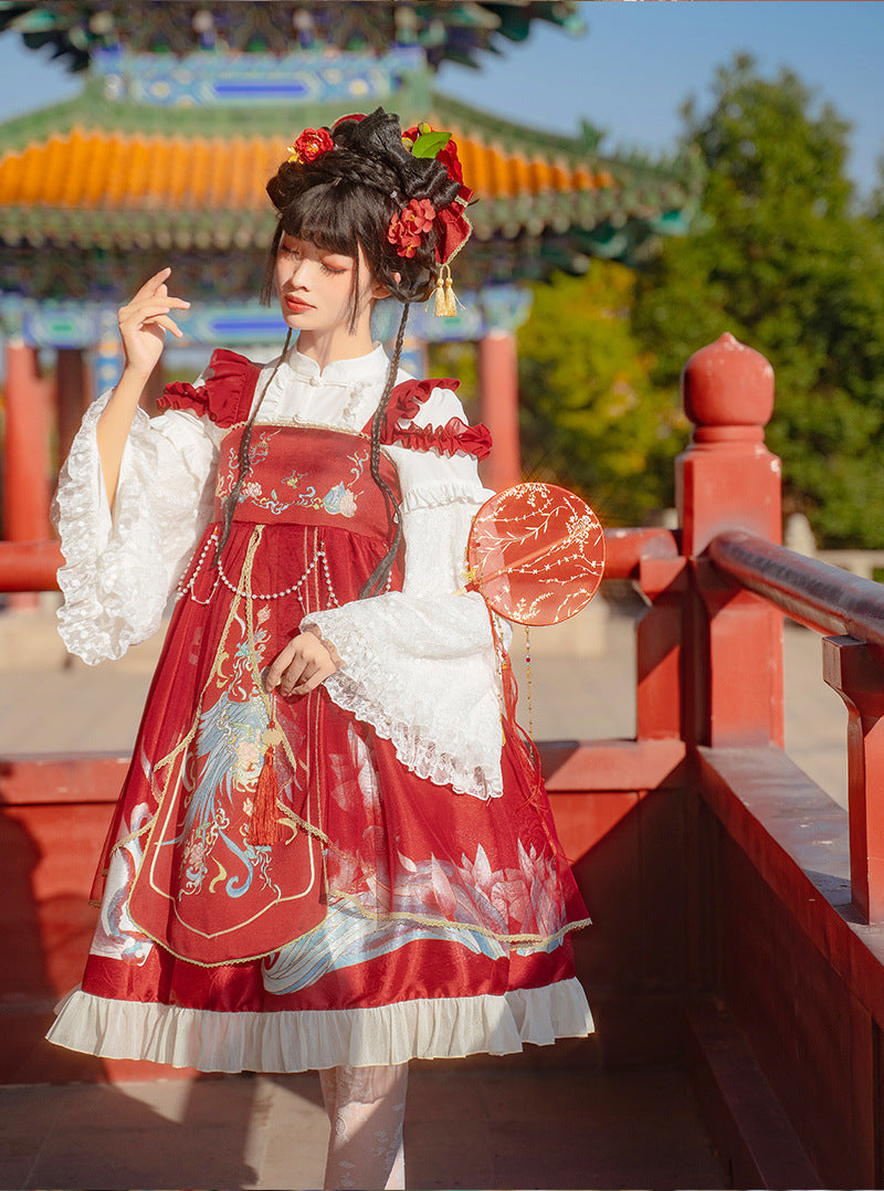 Morning Dew Hanfu - Inspired Lolita JSK | Gold - Woven Phoenix & Detachable Bead Chain