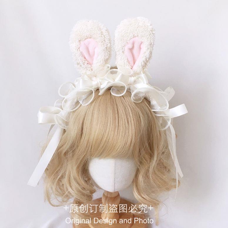 Lolita Handmade Ribbon Bunny KC Sweet Cute Bowknot Bunny Ear Headband Lolita Ruffled Hair Accessory Headwear