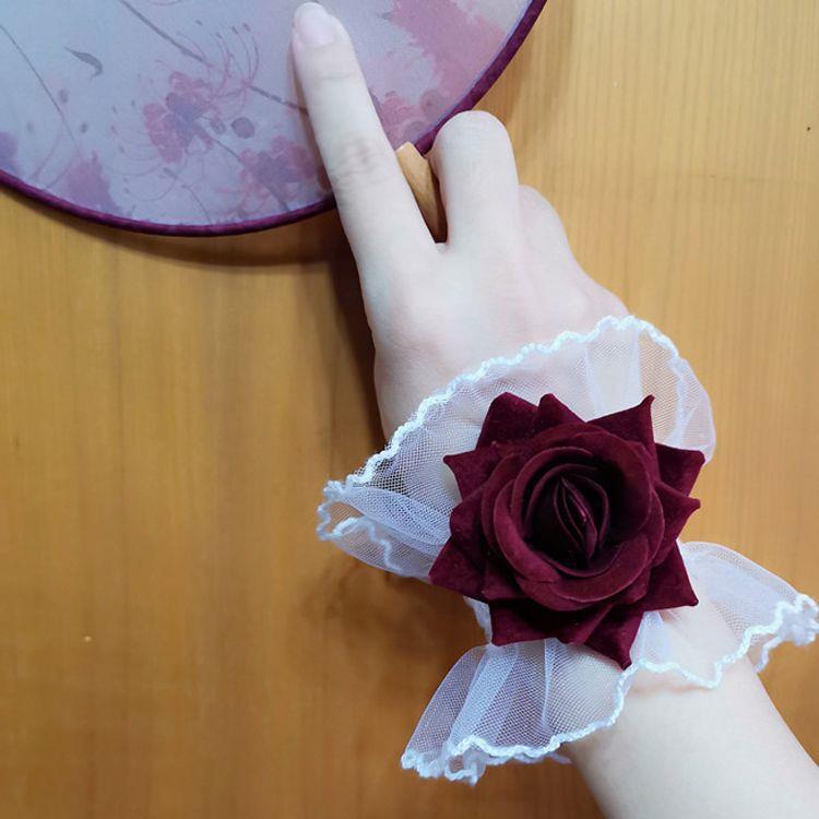 Dark Lolita Lace Wrist Cuffs for Women, Burgundy Rose Dress Cuffs with Wrist Flowers