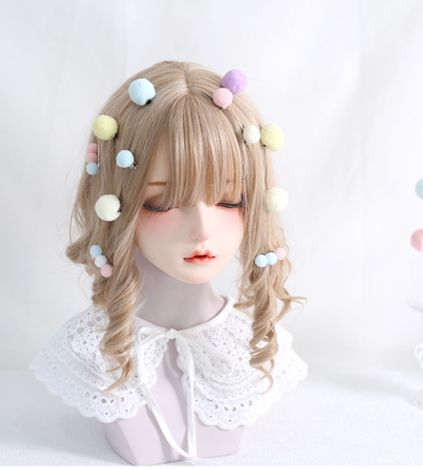 Xiaogui - Bared Sweet Lolita Accessory Pink - and Blue Pompom Hair Clip Headwear