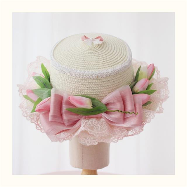 Original Handmade Pink Tulip Lolita Small Sun Hat Straw Hat Oil Painting Style Travel Photography Woven Bag Basket
