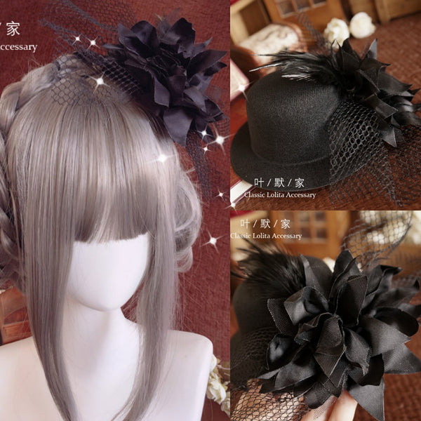 Dark Gothic Lolita Headwear Black Flower Feather Small Hat Hair Clip Side Clip Hair Accessory - Lolita Fetch