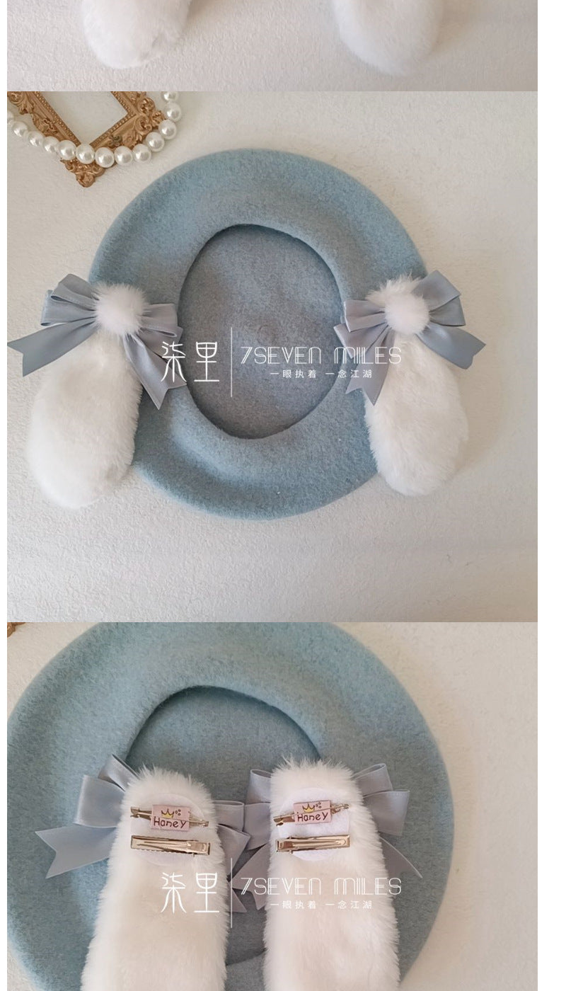 Long-Eared Rabbit  Beret Handmade Bow Lolita Girl Sweet Cute Woolen Hat for Women