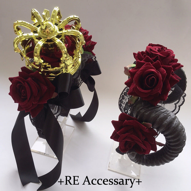 Christmas Gothic Crown Red Rose Headband Lolita Ribbon Hair Accessory Vintage Festival Party Veil Accessory
