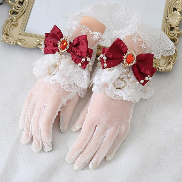 Xiaogui - Vintage Lolita Gloves Lace Bow Bead - Chain Sunscreen Gloves Hand Accessory