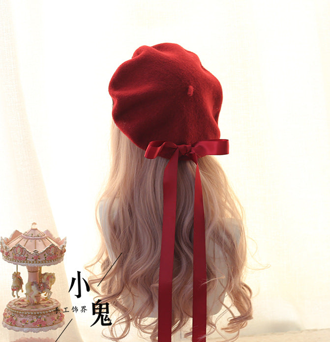 Beret Lolita Sweet Woolen Handmade Lace Bow Beret for Girls