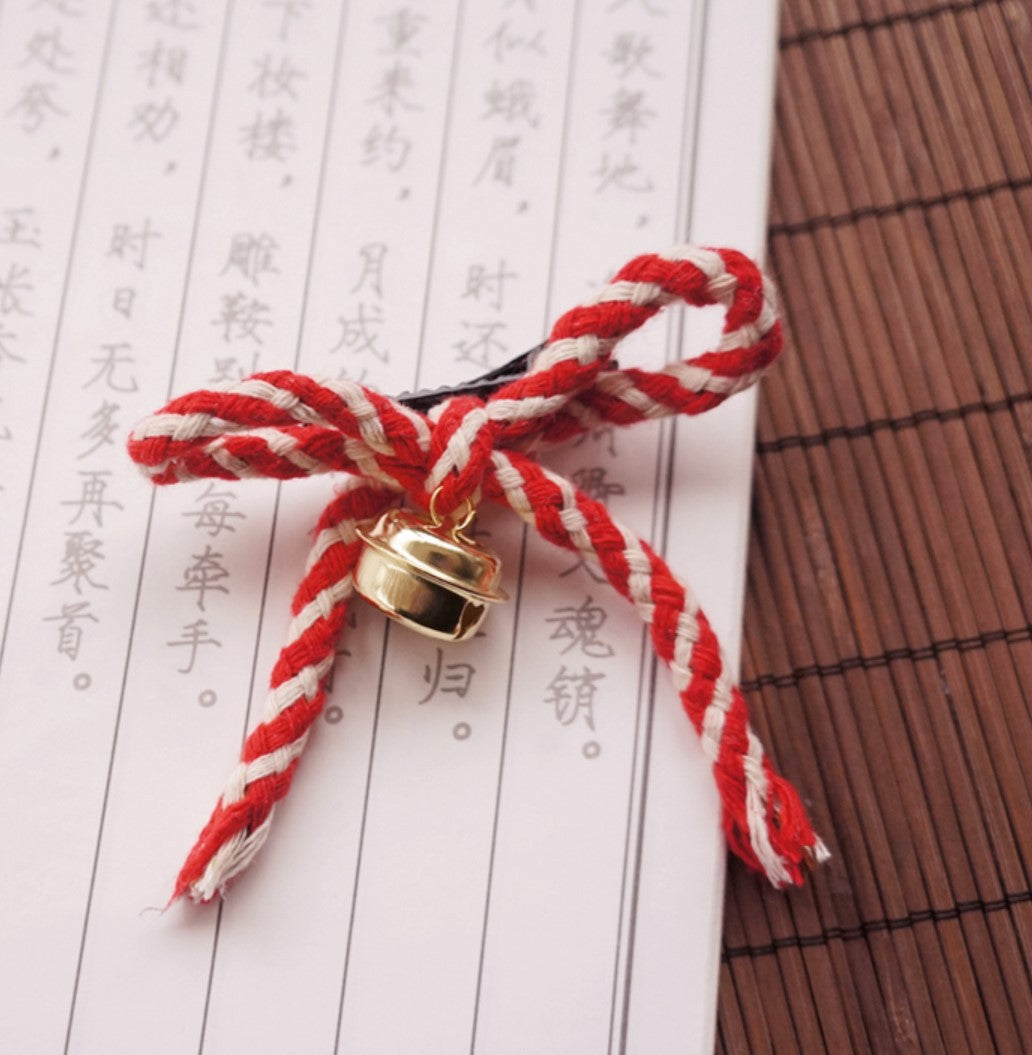 Cute Girl Red and White Striped Bell Bow Hair Clip Lolita Side Clip Hair Accessory  Hair Ornament Hanfu
