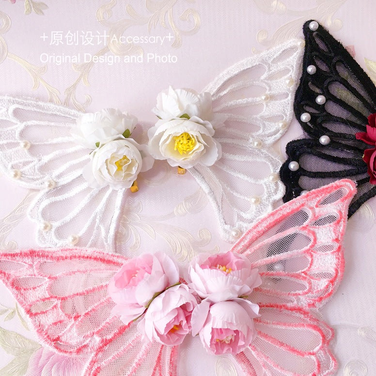Handmade Lolita Rose Imitation Lace Butterfly Large Hair Clip Fairy Hairpin Halloween