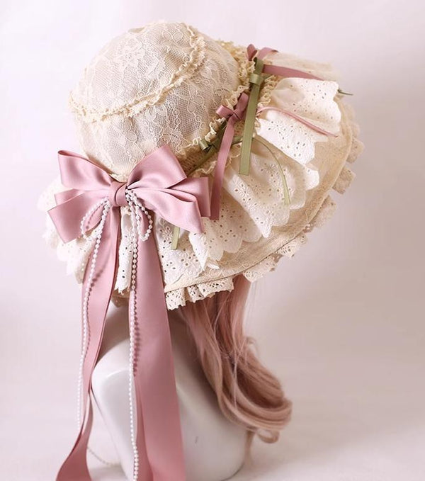 Xiaogui - Elegant Lolita Sunshade Hat Floral - Bow Hats Headwear