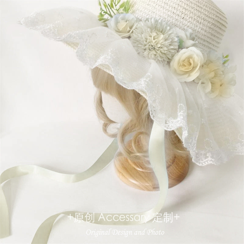 Original Handmade Lolita Sun Hat for Outings and Photos with Flower Bow Lace Wide Brim Sun Hat Straw Hat