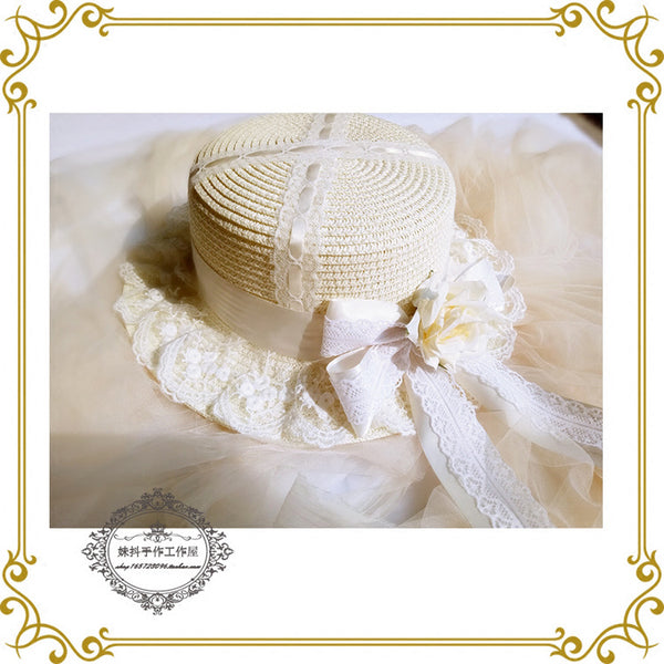 Lolita Multicolor Handmade Sweet Lace Long Ribbon Straw Hat Flat Top Sunshade Handmade Soft Girl