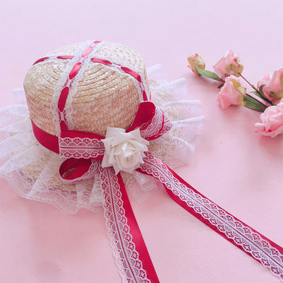 Lolita Multicolor Handmade Sweet Lace Long Ribbon Straw Hat Flat Top Sunshade Handmade Soft Girl