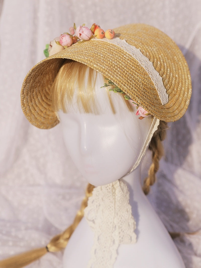 Wanqian Original Straw Hat Flat Hat Lolita Handmade Tea Party Pastoral Bonnet French Retro Photo Bntbb Hat