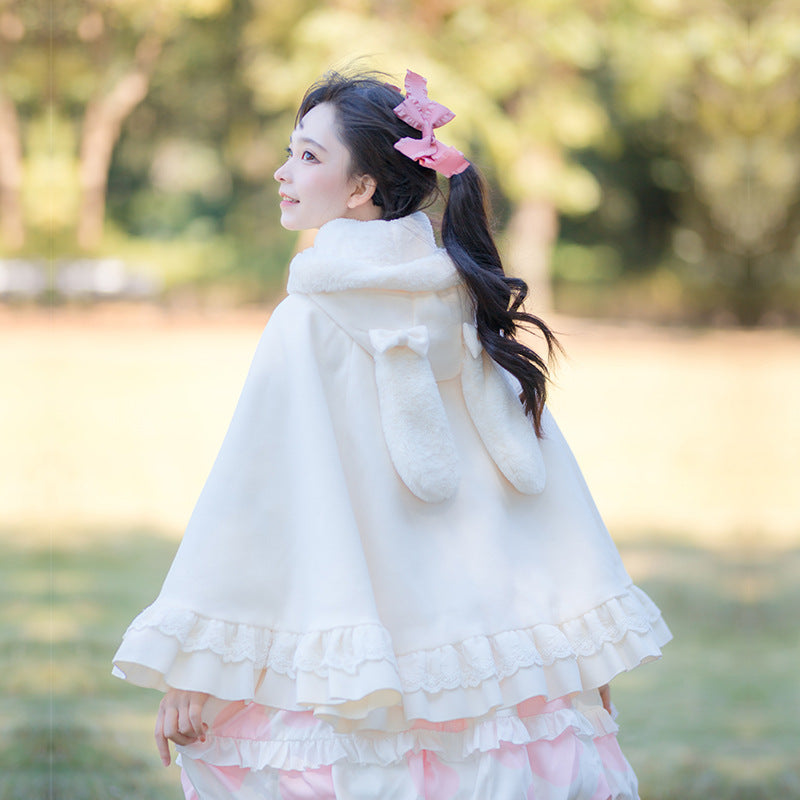 Winter Lolita Rabbit Ear Cape |   Fleece-Lined Thickened Woolen Cape (Blue/Pink, One Size)