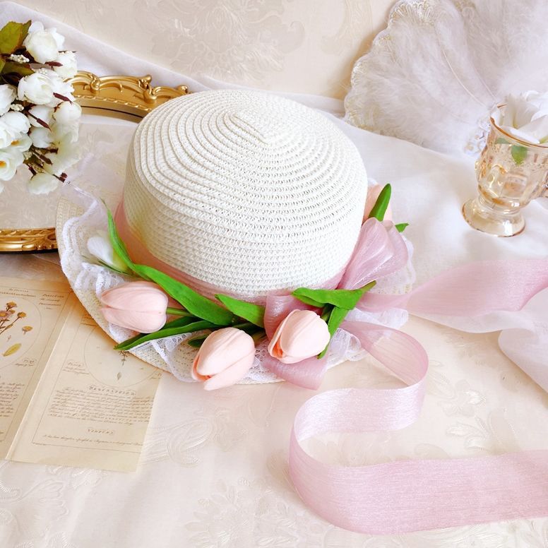 Original Handmade Pink Tulip Lolita Small Sun Hat Straw Hat Oil Painting Style Travel Photography Woven Bag Basket