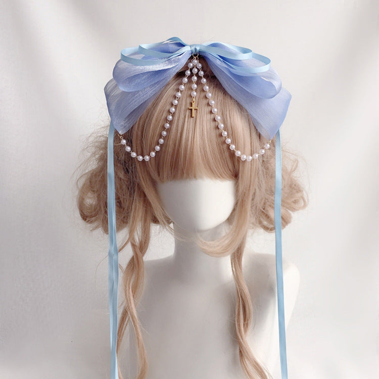 Original Handmade Lolita Double Layer Bow Ribbon Headband Lolita Pearl Cross Pendant Headband Hair Accessory