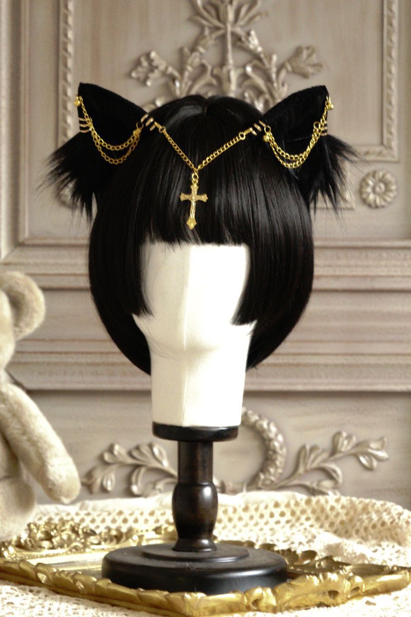 Original Handmade Lolita Chain Black Cat Ear Gothic Style Exotic Beast Ear Hair Clip Cosplay Comic Exhibition