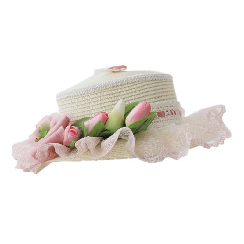 Original Handmade Pink Tulip Lolita Small Sun Hat Straw Hat Oil Painting Style Travel Photography Woven Bag Basket