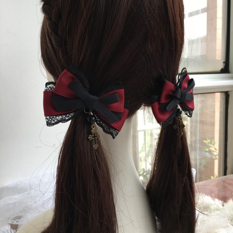 Castle Night Original Dark Wine Red Lolita Small Bow Hair Clip Lolita Hair Accessory Gothic Style KC