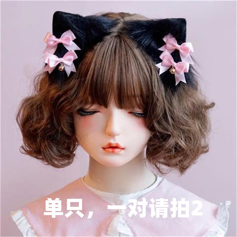 Original Handmade Faux Fur Plush Cat Ear Animal Ear Bow Hair Clip Side Clip Black Pink Japanese Lolita