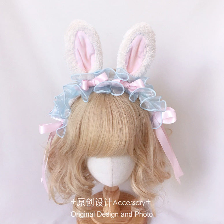 Lolita Handmade Ribbon Bunny KC Sweet Cute Bowknot Bunny Ear Headband Lolita Ruffled Hair Accessory Headwear