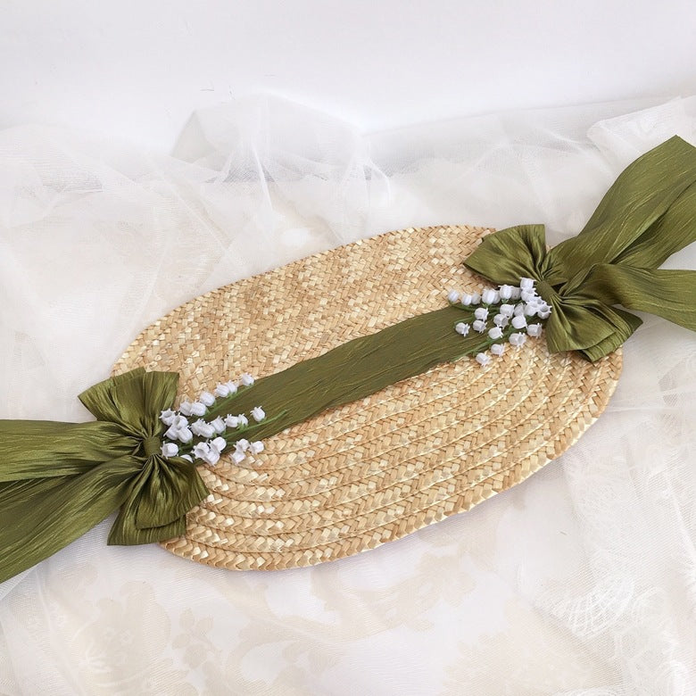 Original French Pastoral Lolita Handmade Lily of the Valley Forest Style Bowknot Bnt Flat Hat Straw Hat Photo Shoot Catwalk Cla