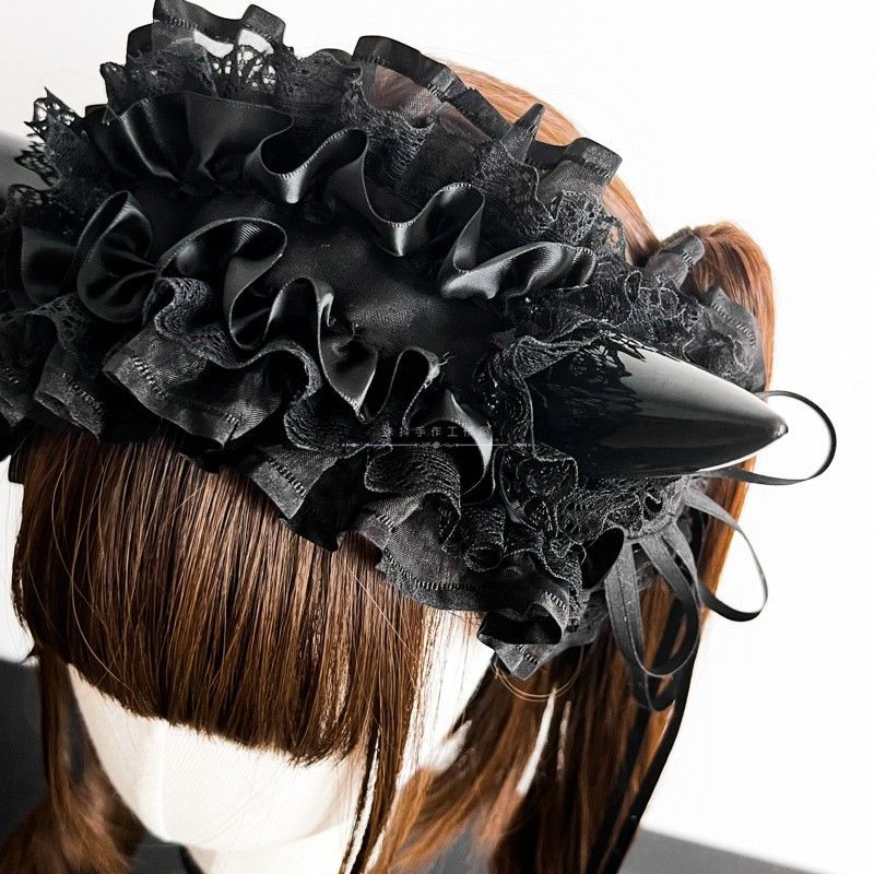 Original Handmade Lolita Multi-color Devil Horn Gothic Headband Multi-layer Lace Trim Hair Accessory